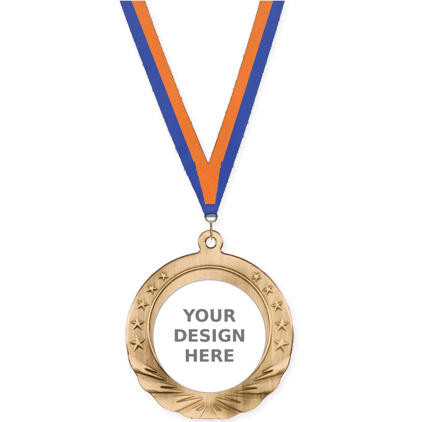 2 3/4 inch Starfield insert medal in antique gold with Blue Orange neck ribbon