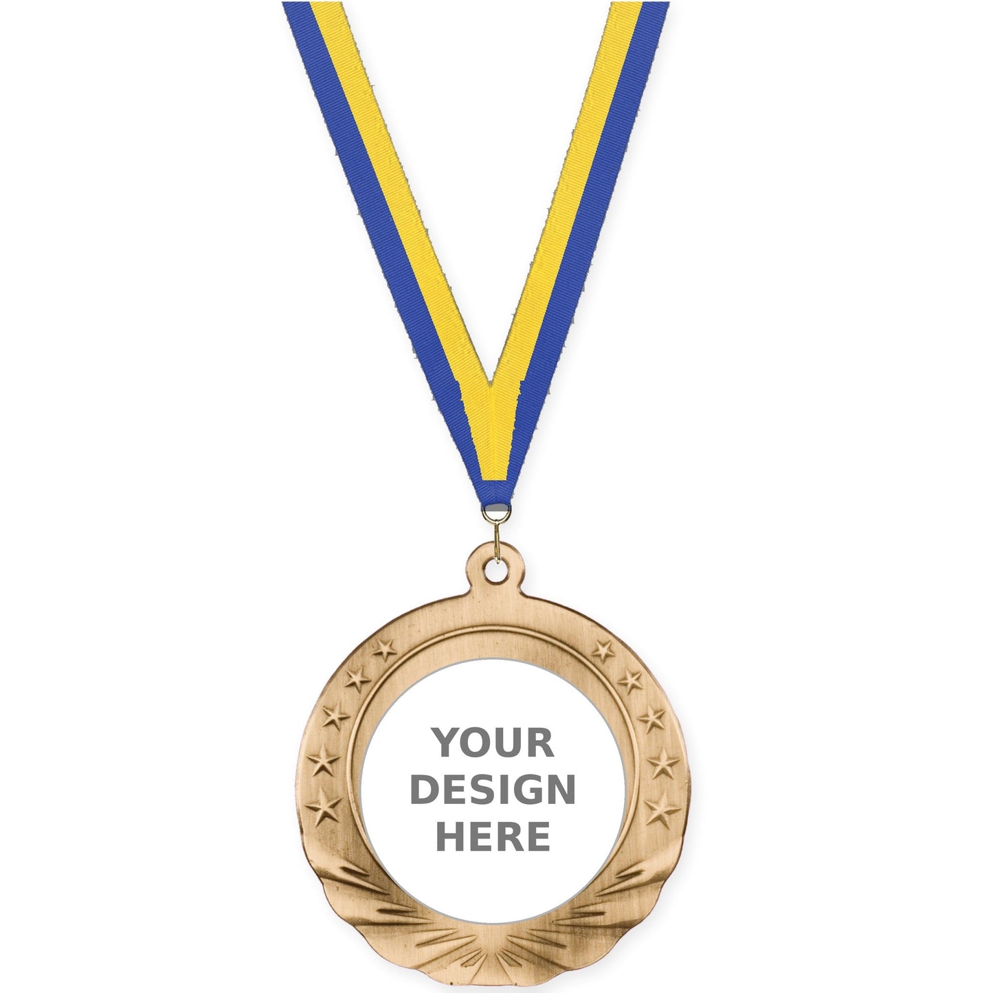 2 3/4 inch Starfield insert medal in antique gold with Blue Yellow neck ribbon