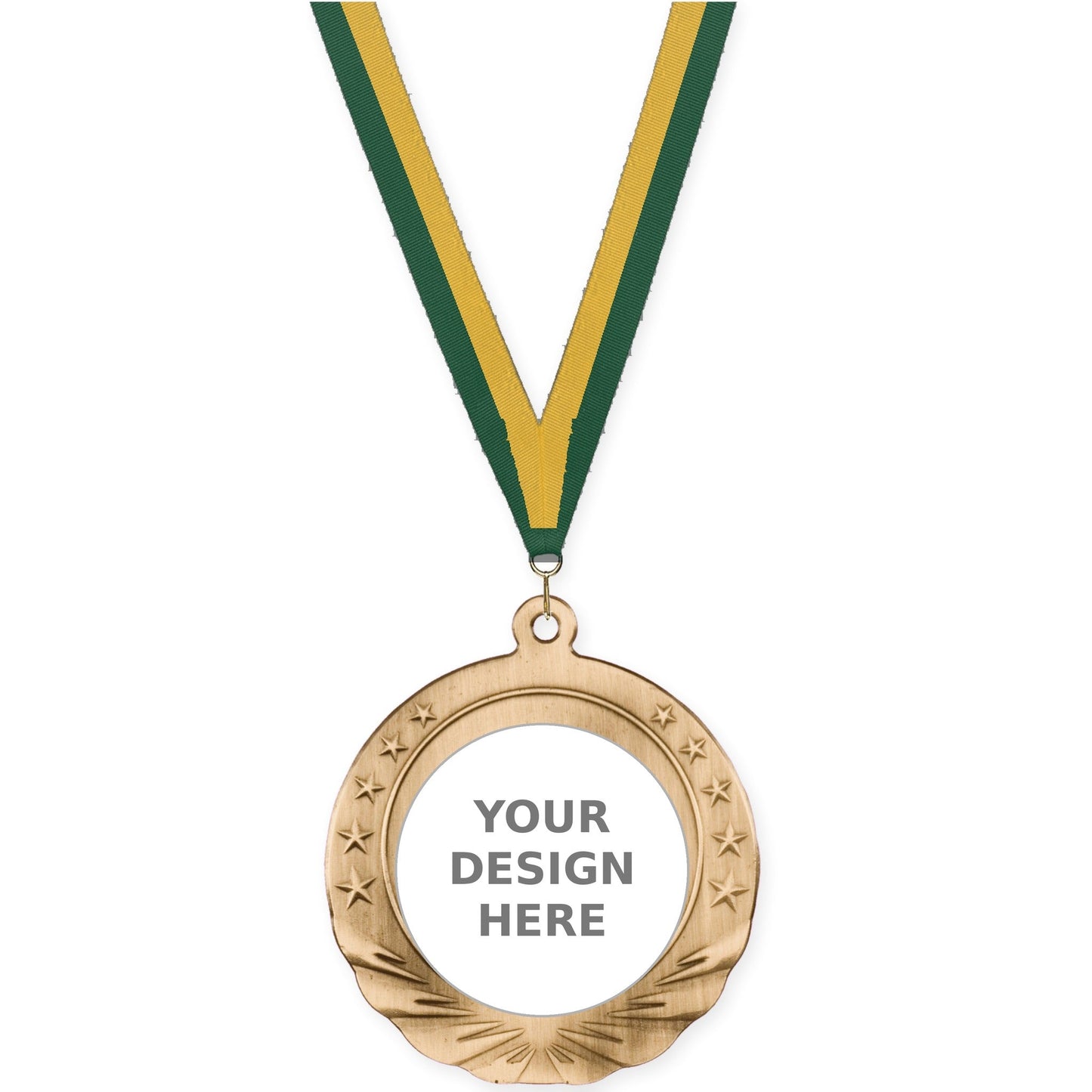 2 3/4 inch Starfield insert medal in antique gold with Hunter Green Gold neck ribbon
