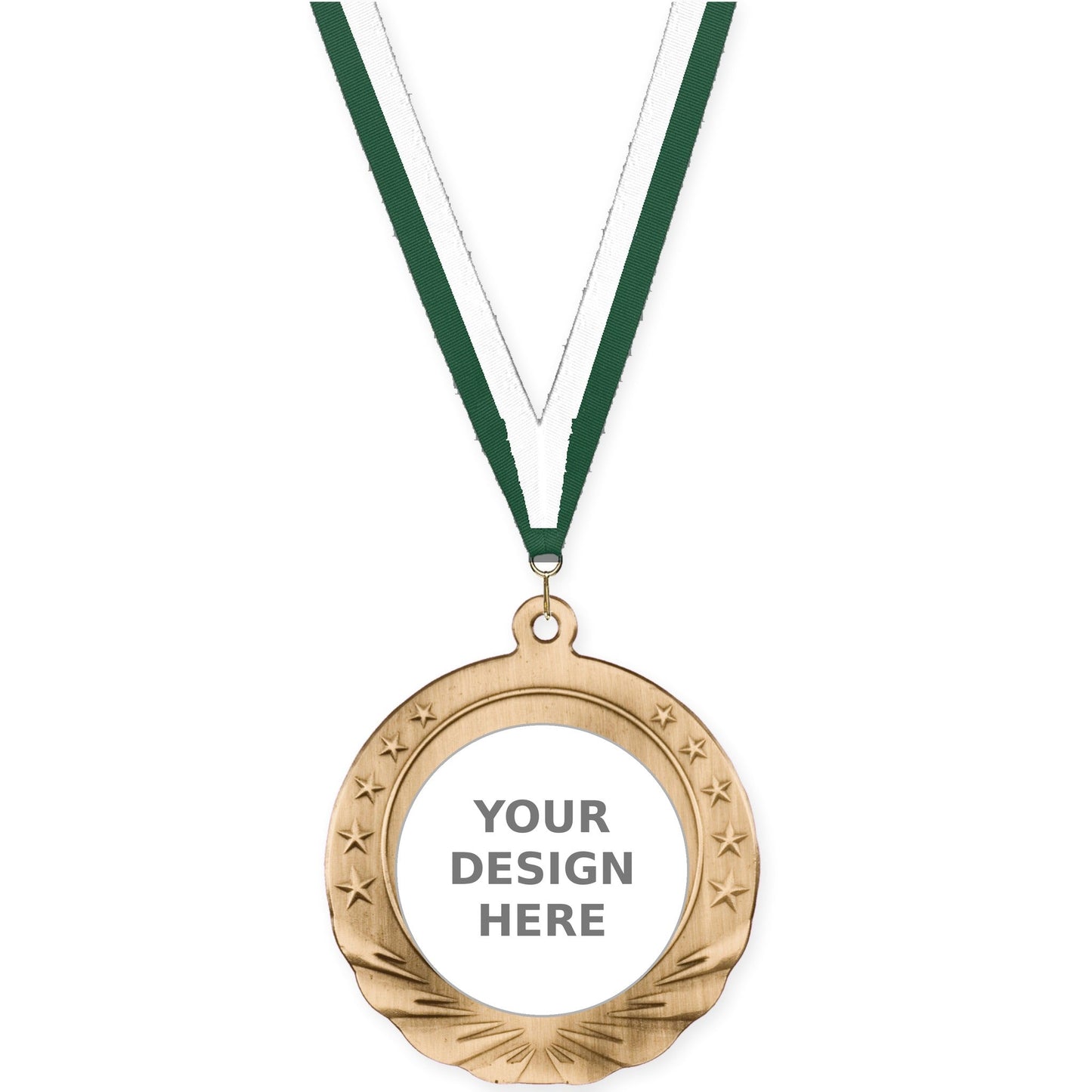 2 3/4 inch Starfield insert medal in antique gold with Hunter Green White neck ribbon