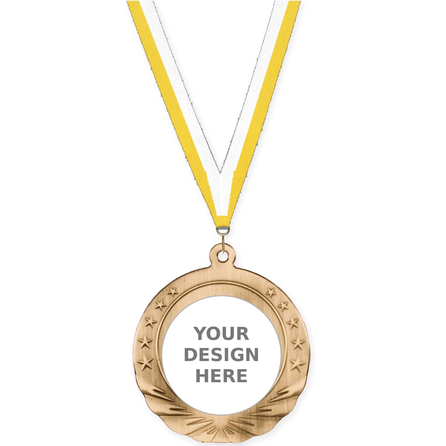 2 3/4 inch Starfield insert medal in antique gold with Yellow White neck ribbon