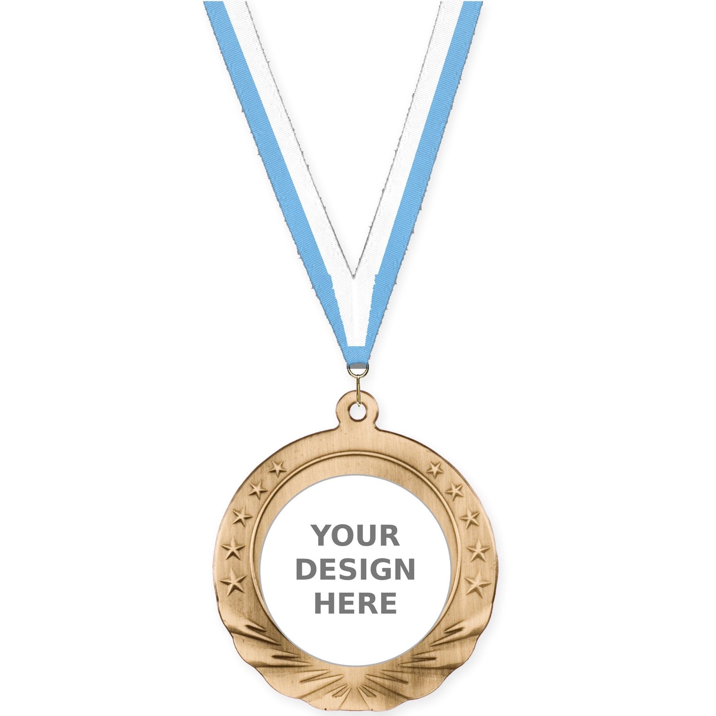 2 3/4 inch Starfield insert medal in antique gold with Light Blue White neck ribbon