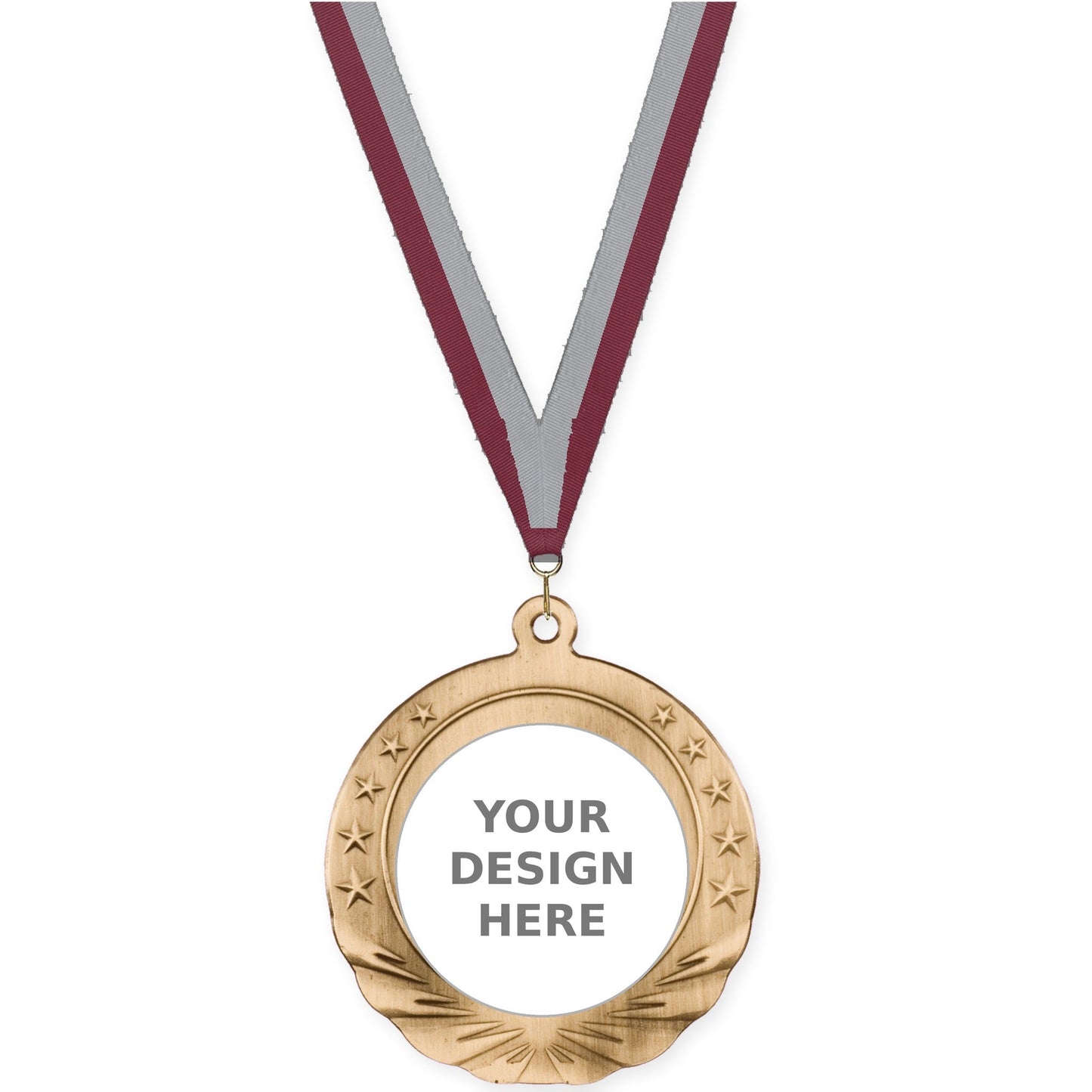2 3/4 inch Starfield insert medal in antique gold with Maroon Gray neck ribbon