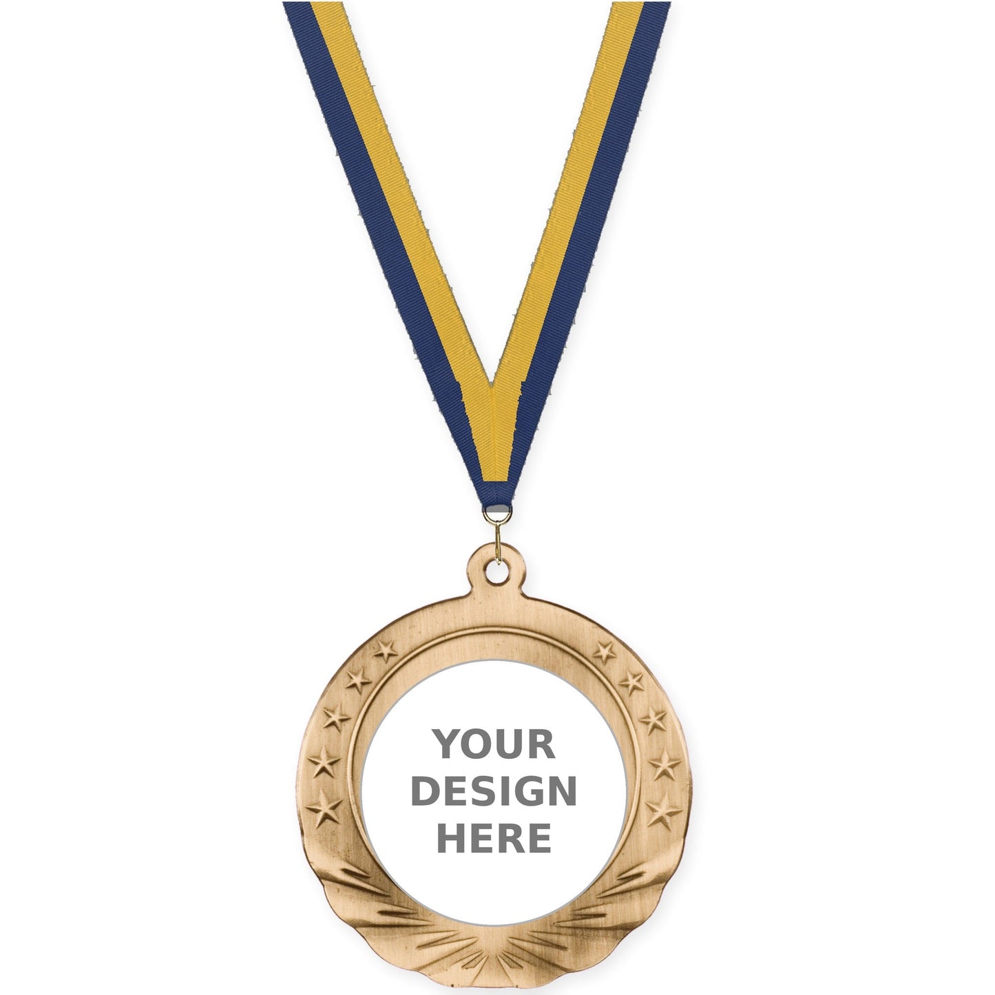 2 3/4 inch Starfield insert medal in antique gold with Navy Gold neck ribbon