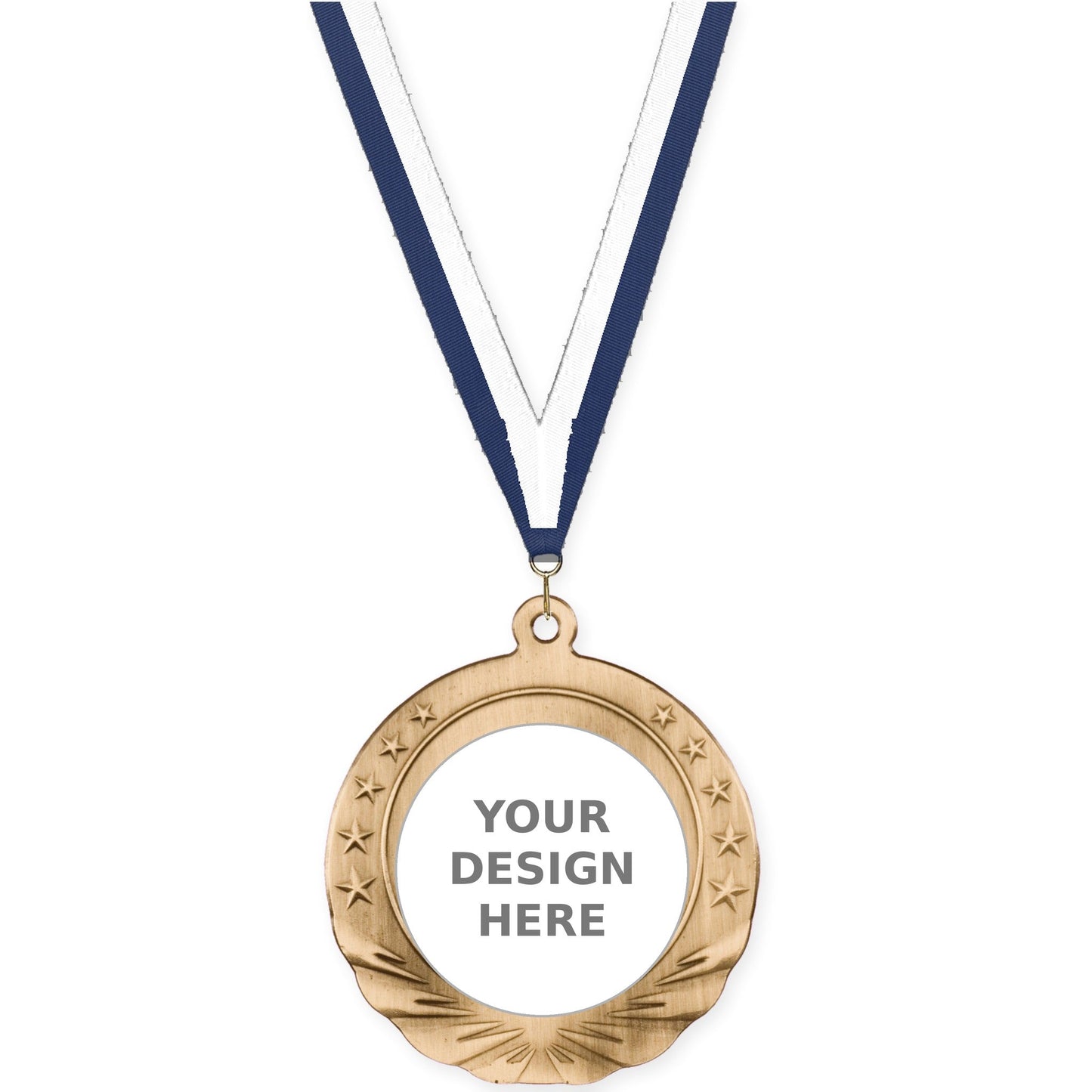 2 3/4 inch Starfield insert medal in antique gold with Navy White neck ribbon