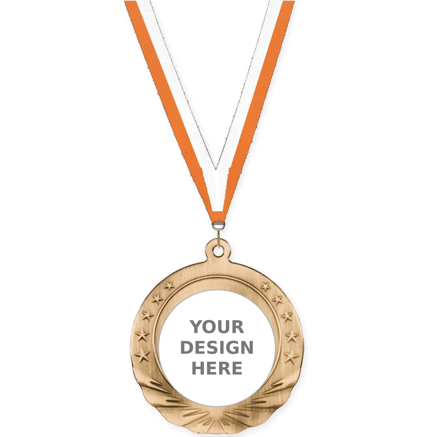 2 3/4 inch Starfield insert medal in antique gold with Orange White neck ribbon