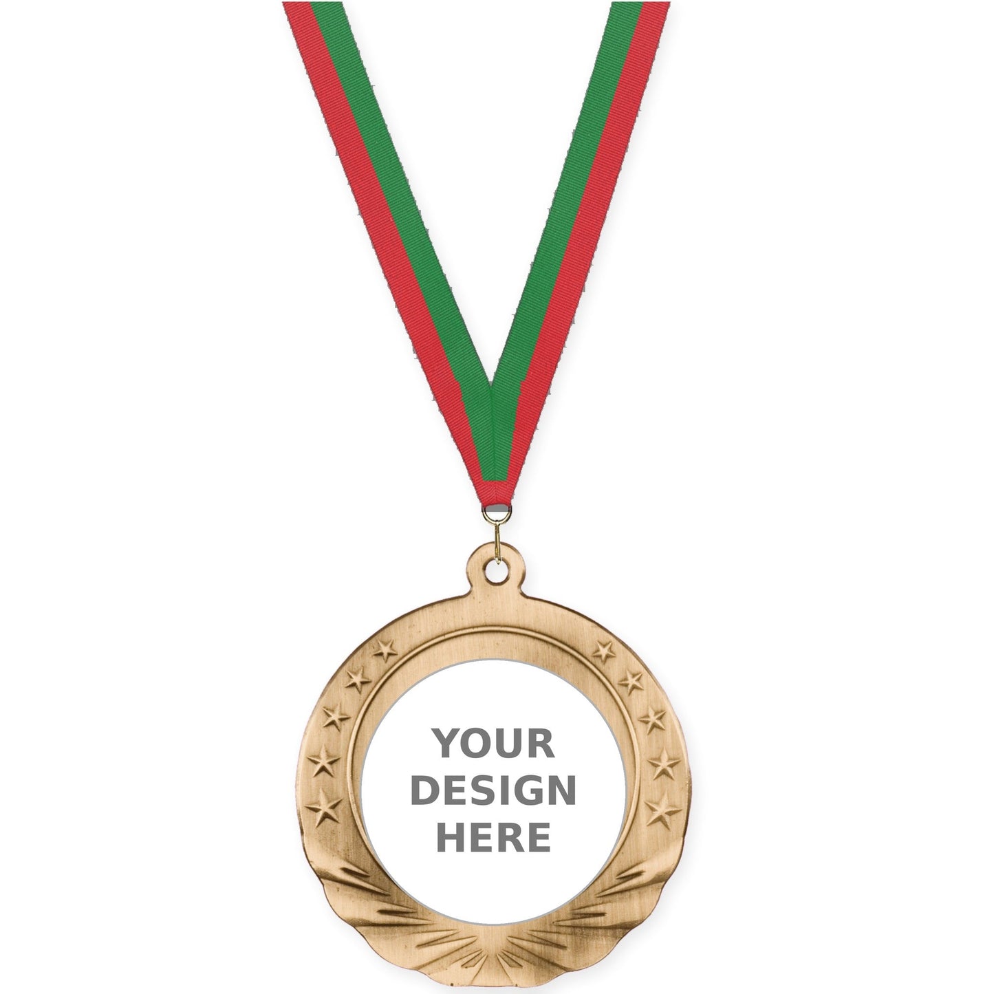 2 3/4 inch Starfield insert medal in antique gold with Red Green neck ribbon