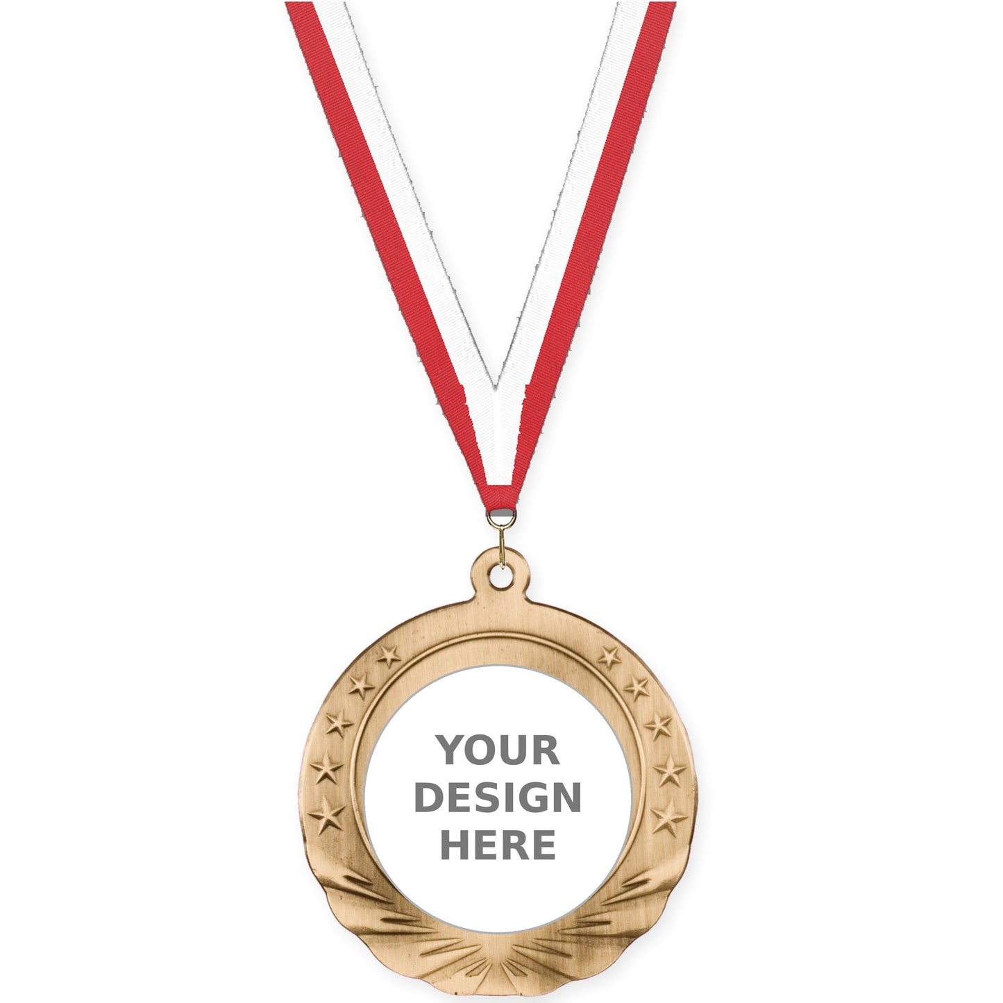 2 3/4 inch Starfield insert medal in antique gold with Red White neck ribbon