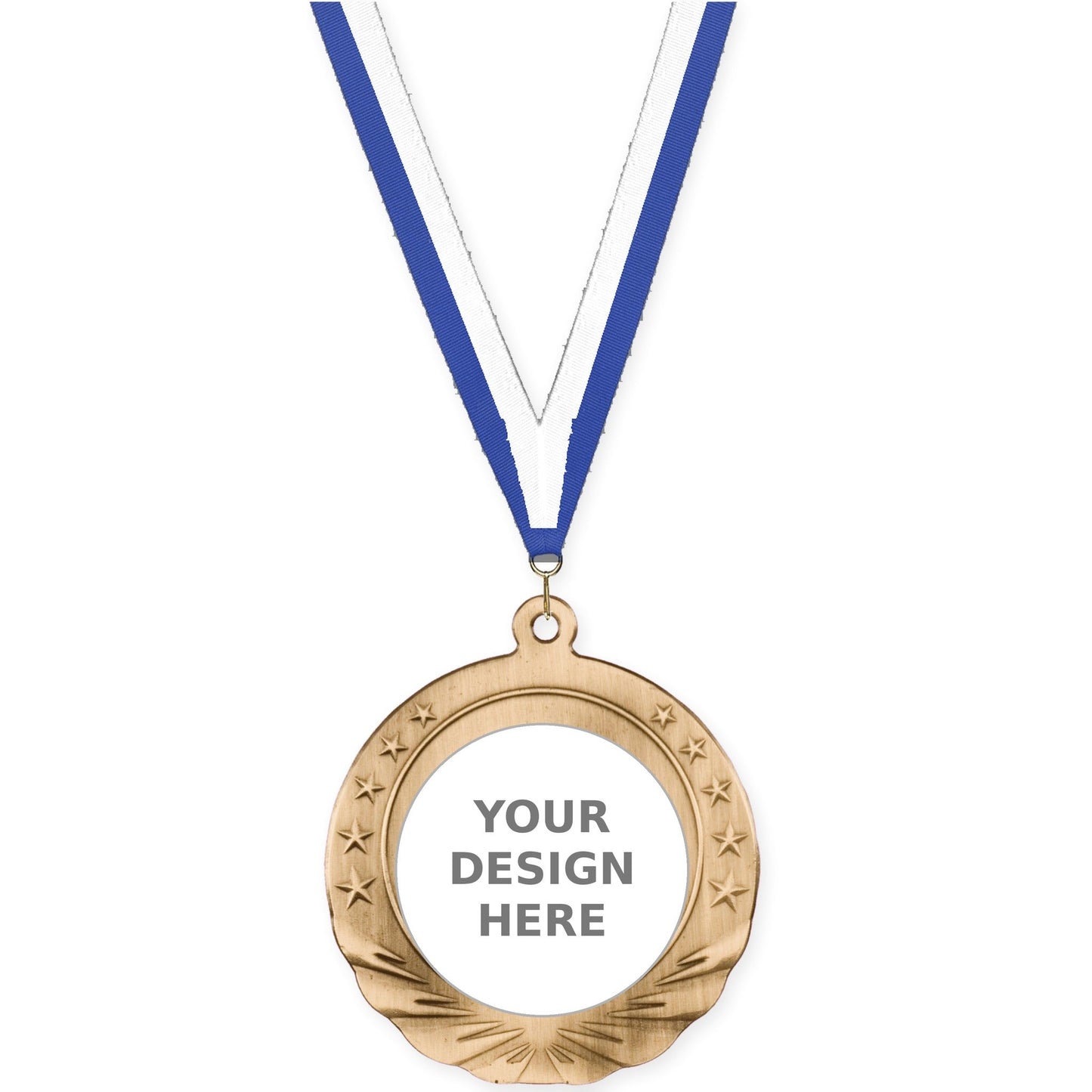2 3/4 inch Starfield insert medal in antique gold with Blue White neck ribbon