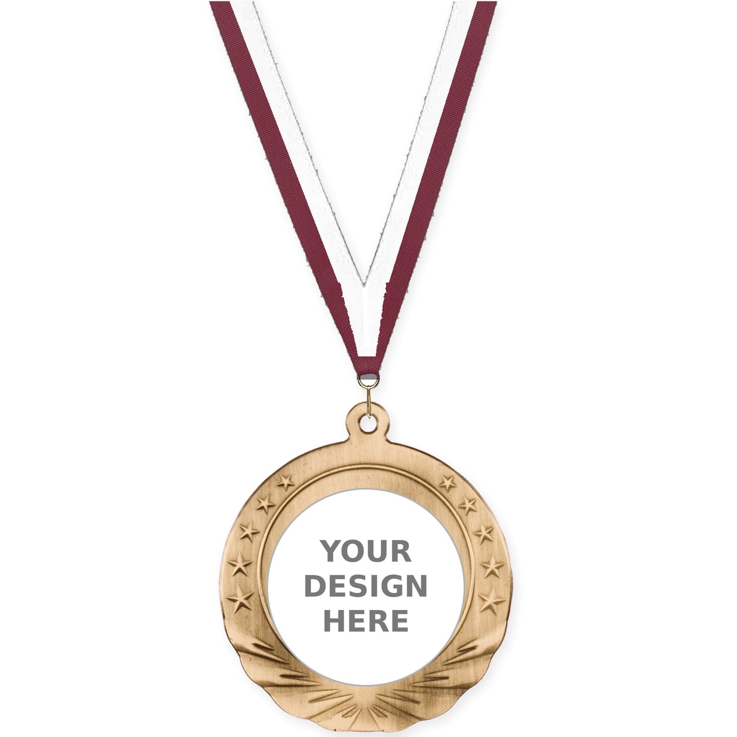 2 3/4 inch Starfield insert medal in antique gold with Maroon White neck ribbon
