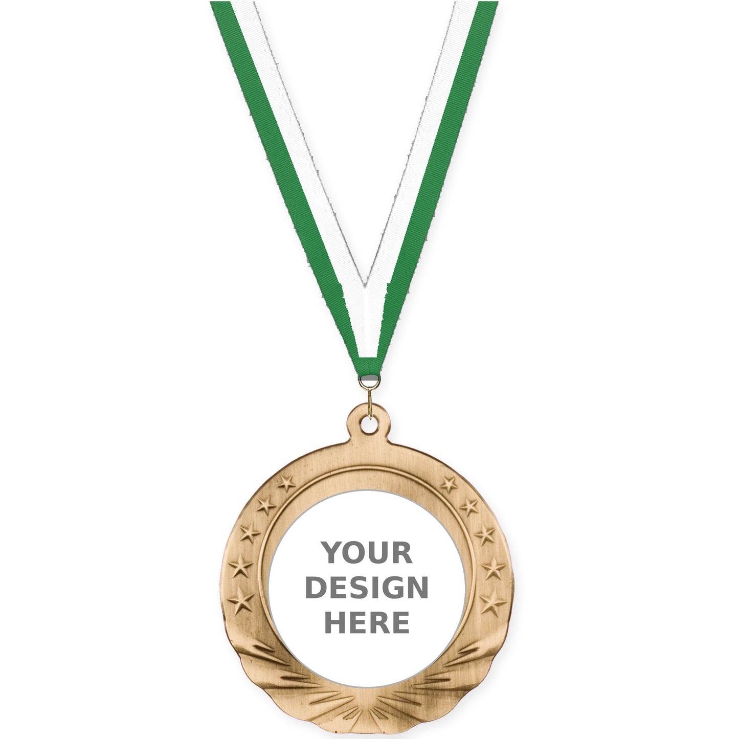 2 3/4 inch Starfield insert medal in antique gold with Green White neck ribbon