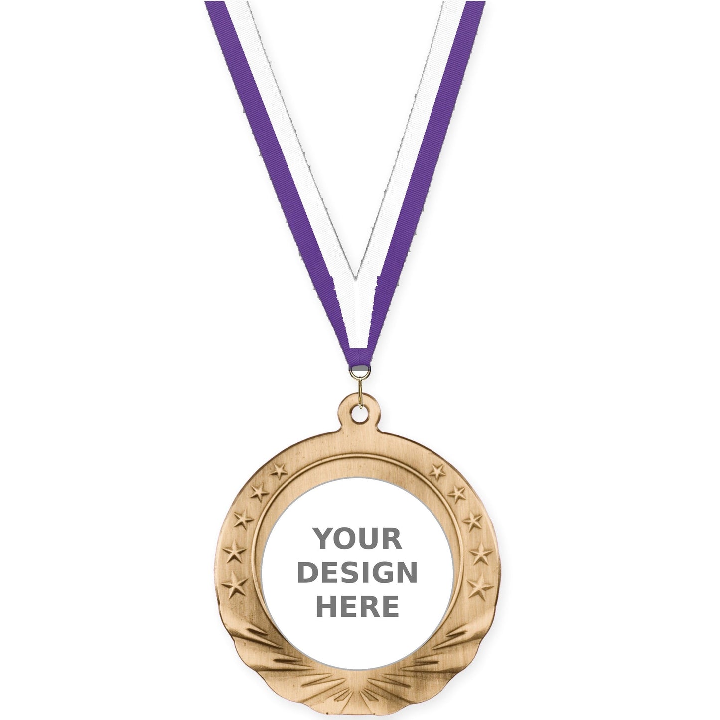 2 3/4 inch Starfield insert medal in antique gold with Purple White neck ribbon