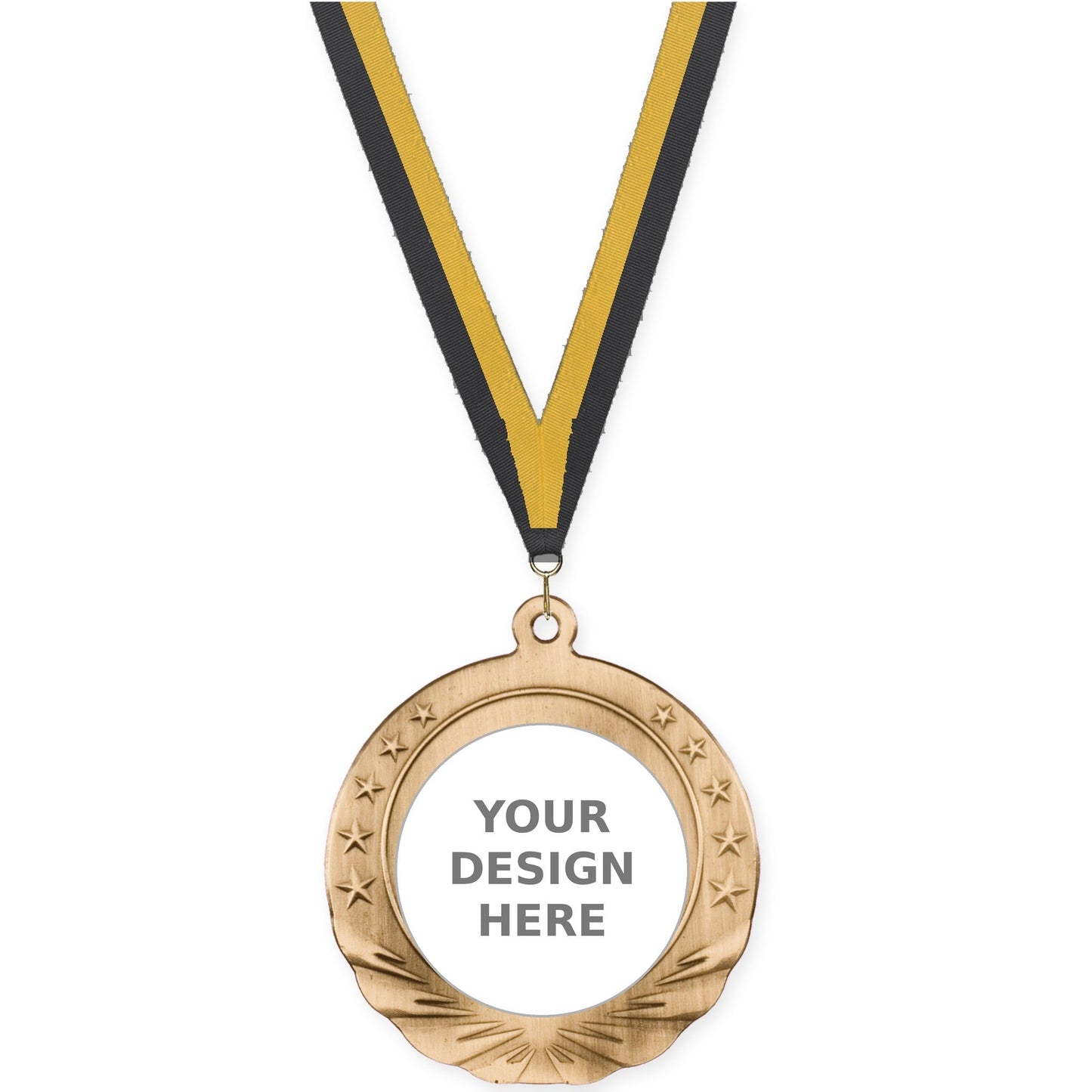 2 3/4 inch Starfield insert medal in antique gold with Black Gold neck ribbon