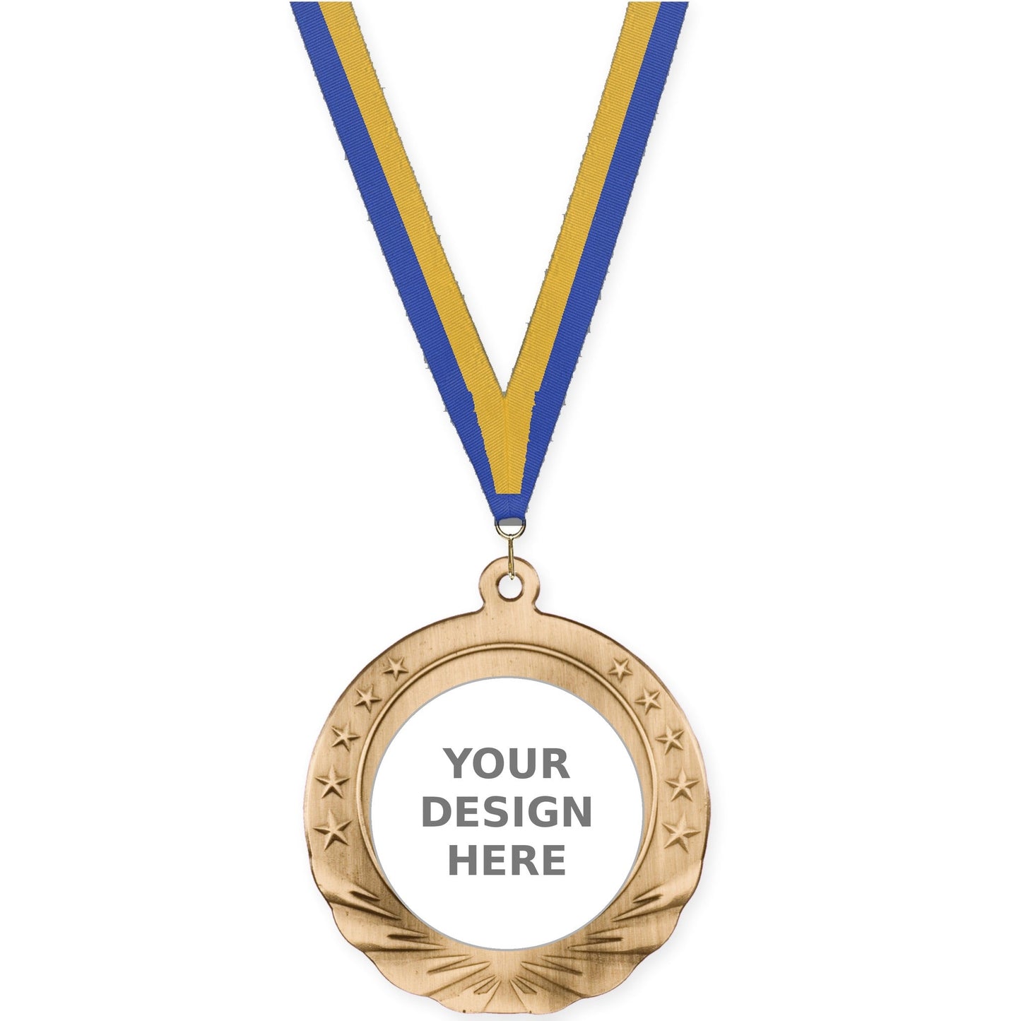 2 3/4 inch Starfield insert medal in antique gold with Blue Gold neck ribbon