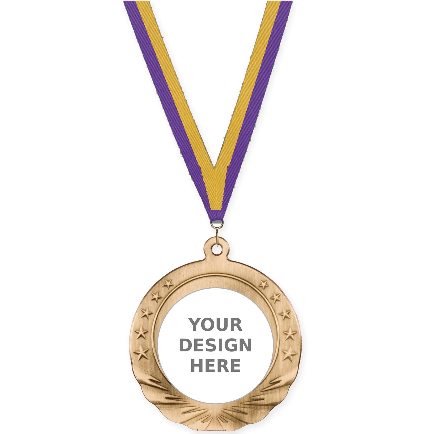 2 3/4 inch Starfield insert medal in antique gold with Purple Gold neck ribbon