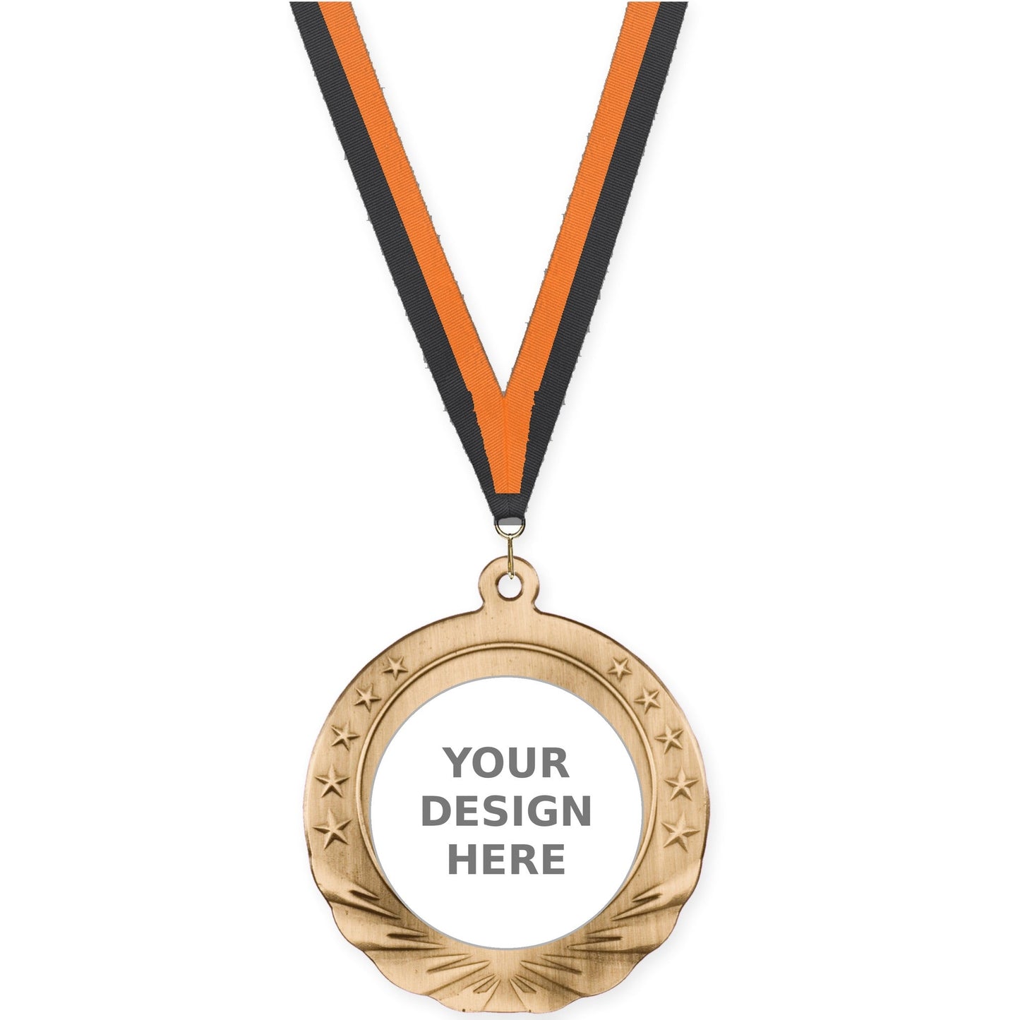 2 3/4 inch Starfield insert medal in antique gold with Black Orange neck ribbon
