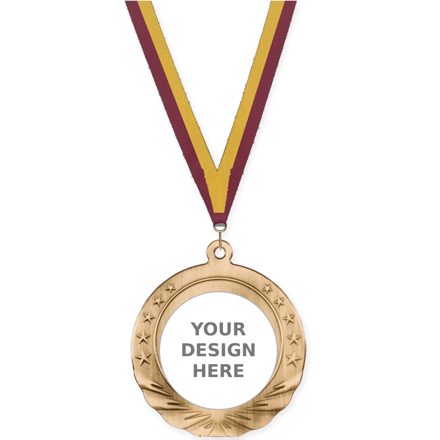 2 3/4 inch Starfield insert medal in antique gold with Maroon Gold neck ribbon