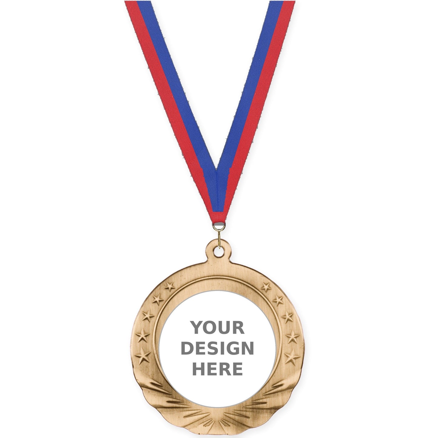 2 3/4 inch Starfield insert medal in antique gold with Blue Red neck ribbon