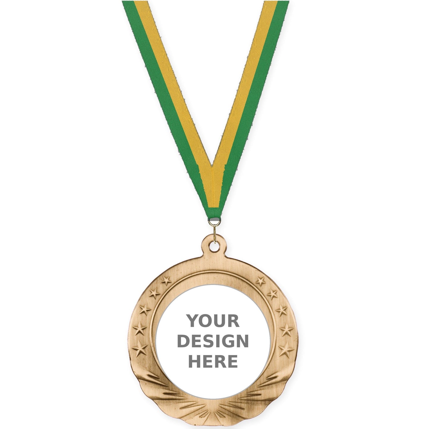 2 3/4 inch Starfield insert medal in antique gold with Green Gold neck ribbon
