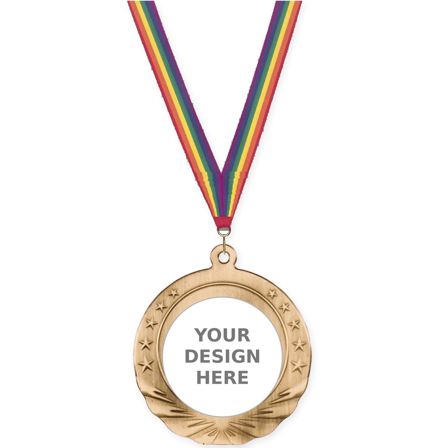 2 3/4 inch Starfield insert medal in antique gold with Rainbow neck ribbon