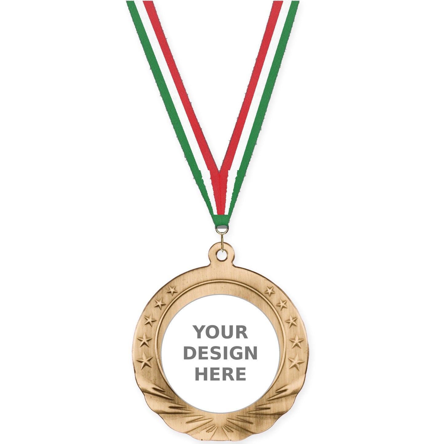 2 3/4 inch Starfield insert medal in antique gold with Green White Red neck ribbon