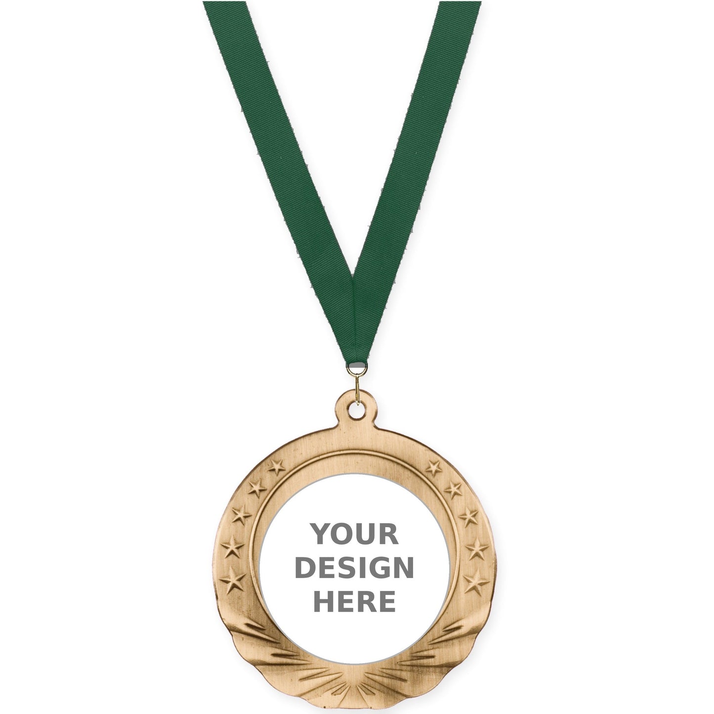 2 3/4 inch Starfield insert medal in antique gold with Hunter Green neck ribbon