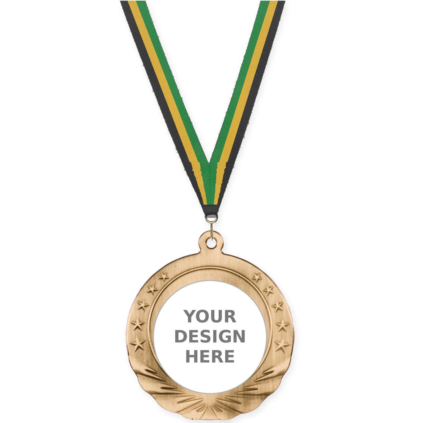 2 3/4 inch Starfield insert medal in antique gold with Black Gold Green neck ribbon