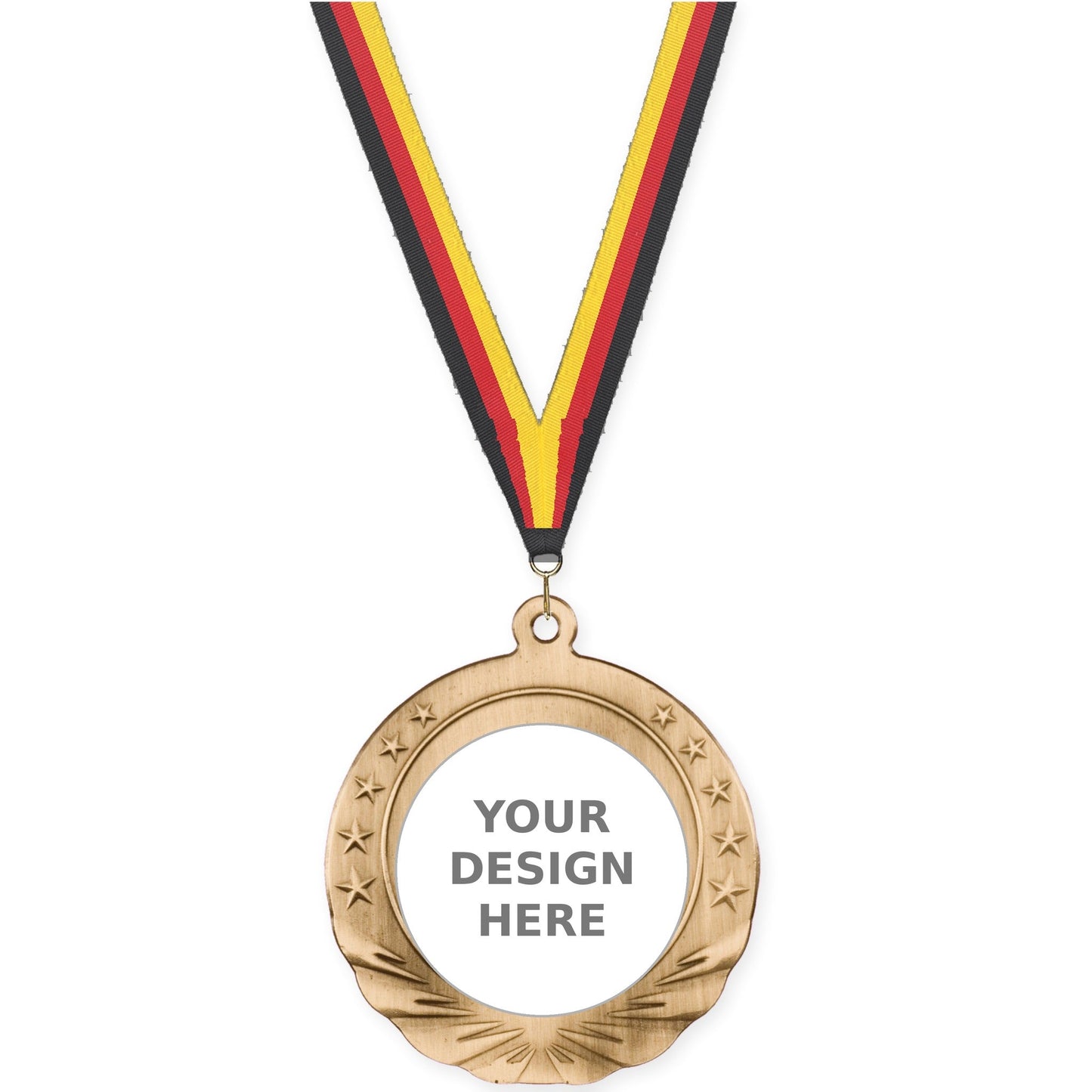 2 3/4 inch Starfield insert medal in antique gold with Black Red Yellow neck ribbon