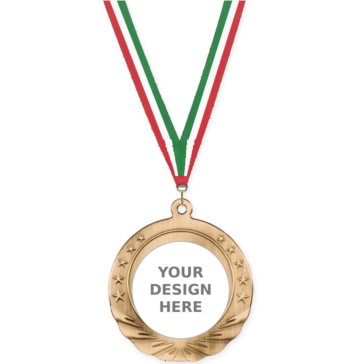2 3/4 inch Starfield insert medal in antique gold with Red White Green neck ribbon