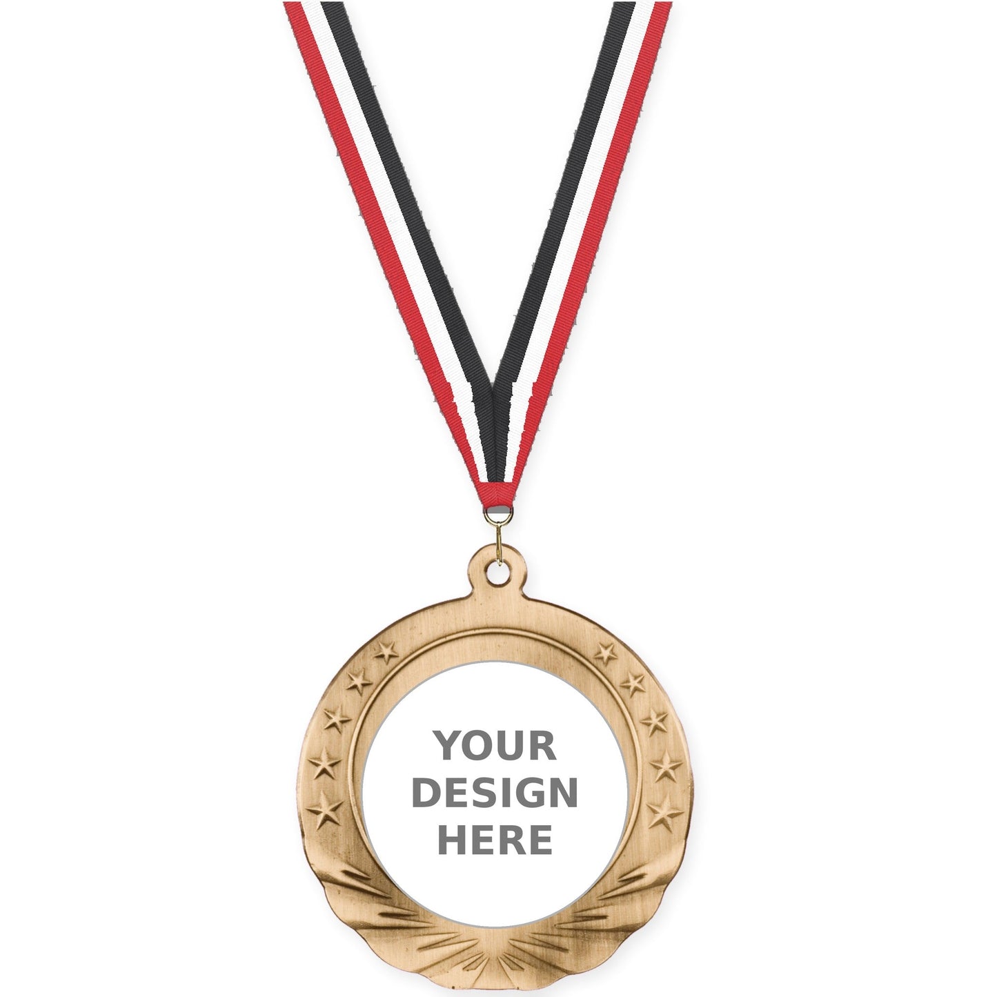 2 3/4 inch Starfield insert medal in antique gold with Red White Black neck ribbon
