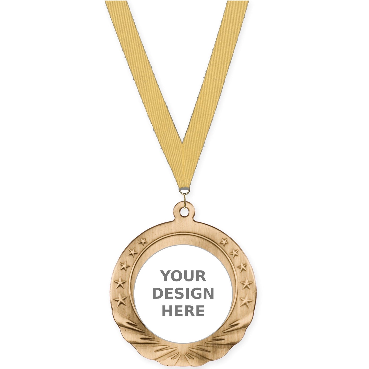 2 3/4 inch Starfield insert medal in antique gold with Gold Metallic neck ribbon