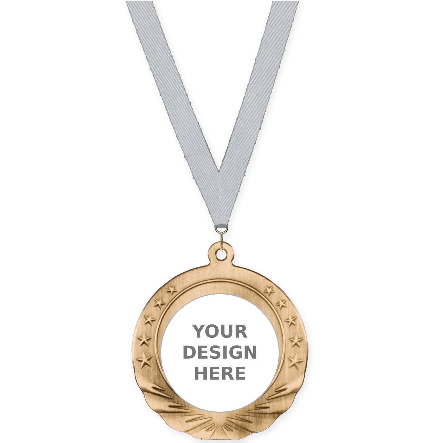 2 3/4 inch Starfield insert medal in antique gold with Silver Metallic neck ribbon