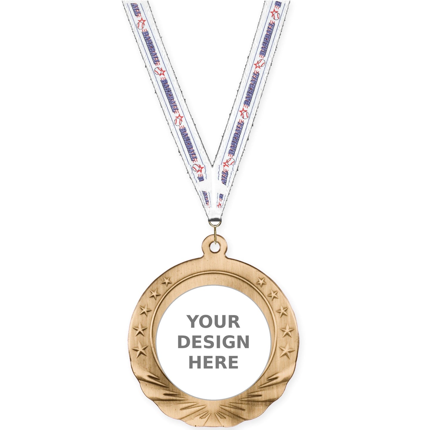 2 3/4 inch Starfield insert medal in antique gold with Baseball neck ribbon