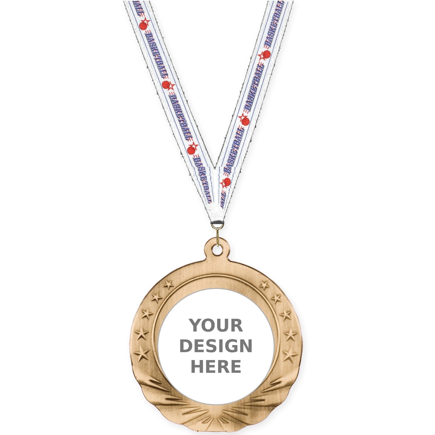 2 3/4 inch Starfield insert medal in antique gold with Basketball neck ribbon
