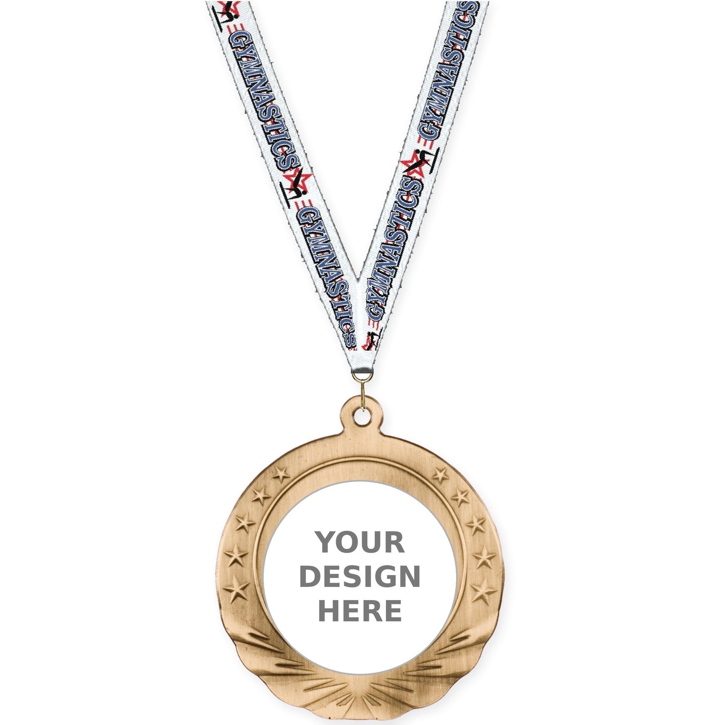 2 3/4 inch Starfield insert medal in antique gold with Gymnastics neck ribbon