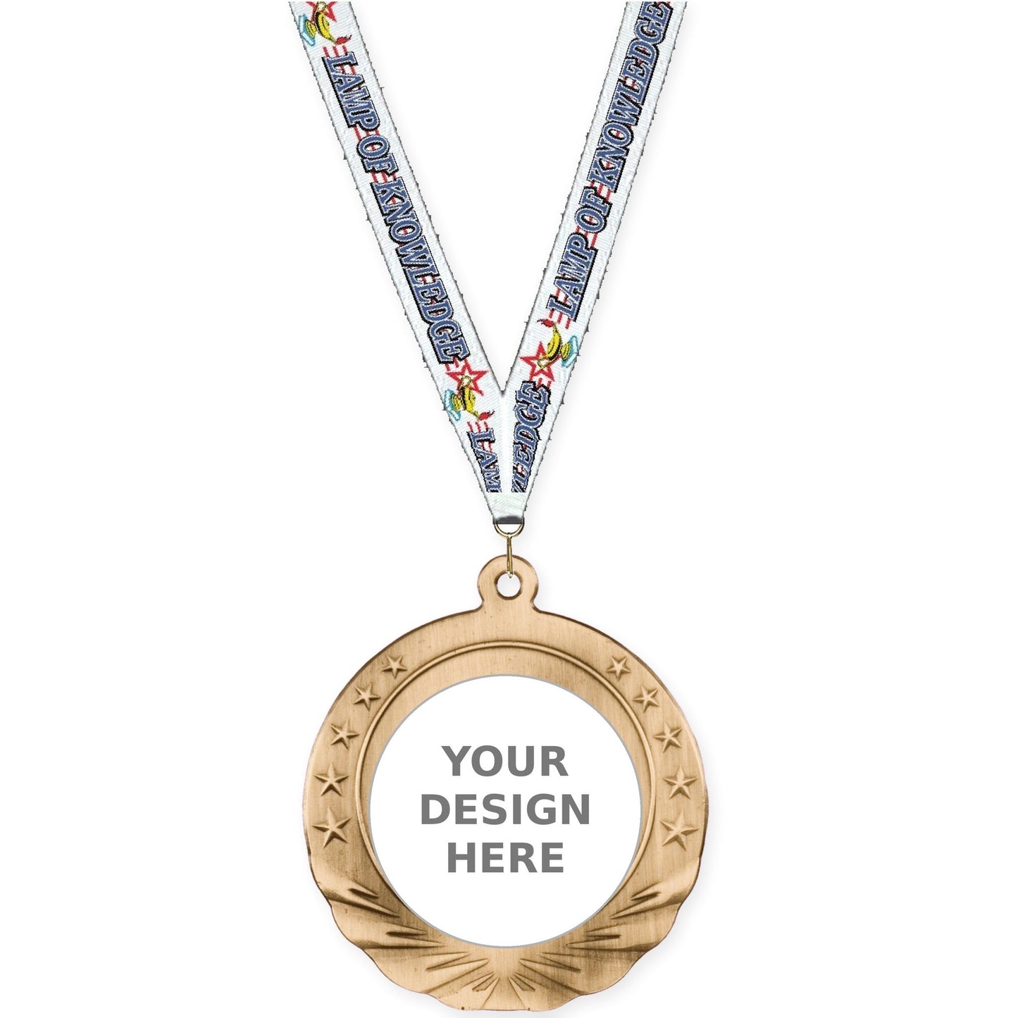 2 3/4 inch Starfield insert medal in antique gold with Lamp Of Knowledge neck ribbon