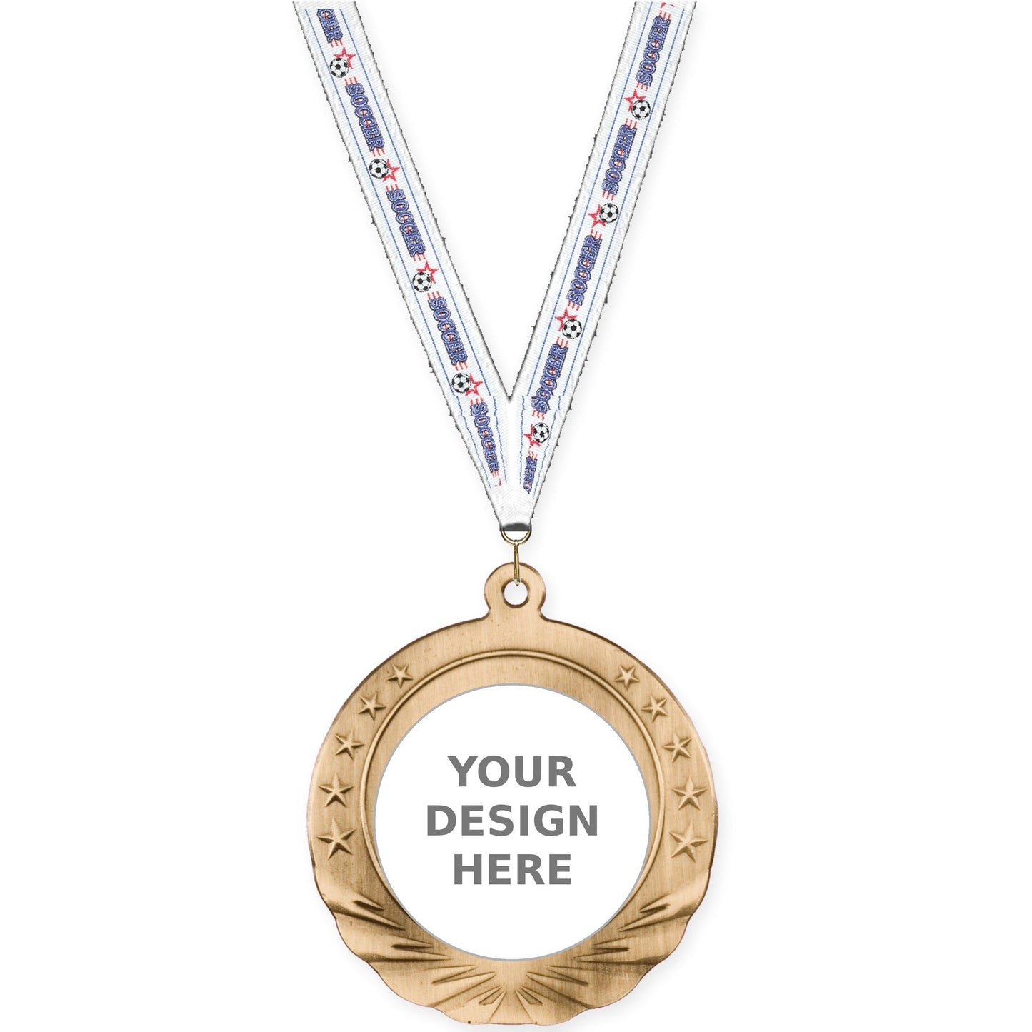 2 3/4 inch Starfield insert medal in antique gold with Soccer neck ribbon