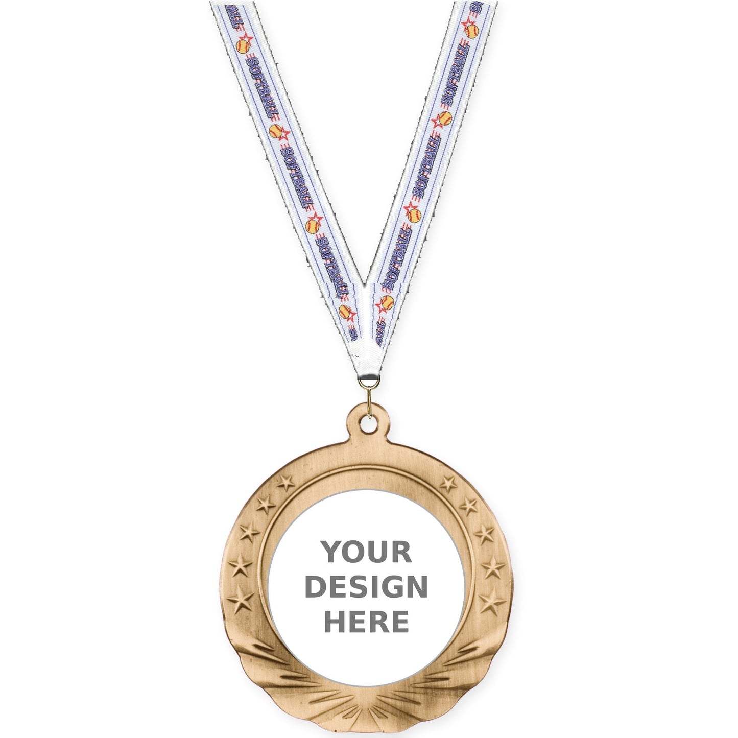 2 3/4 inch Starfield insert medal in antique gold with Softball neck ribbon
