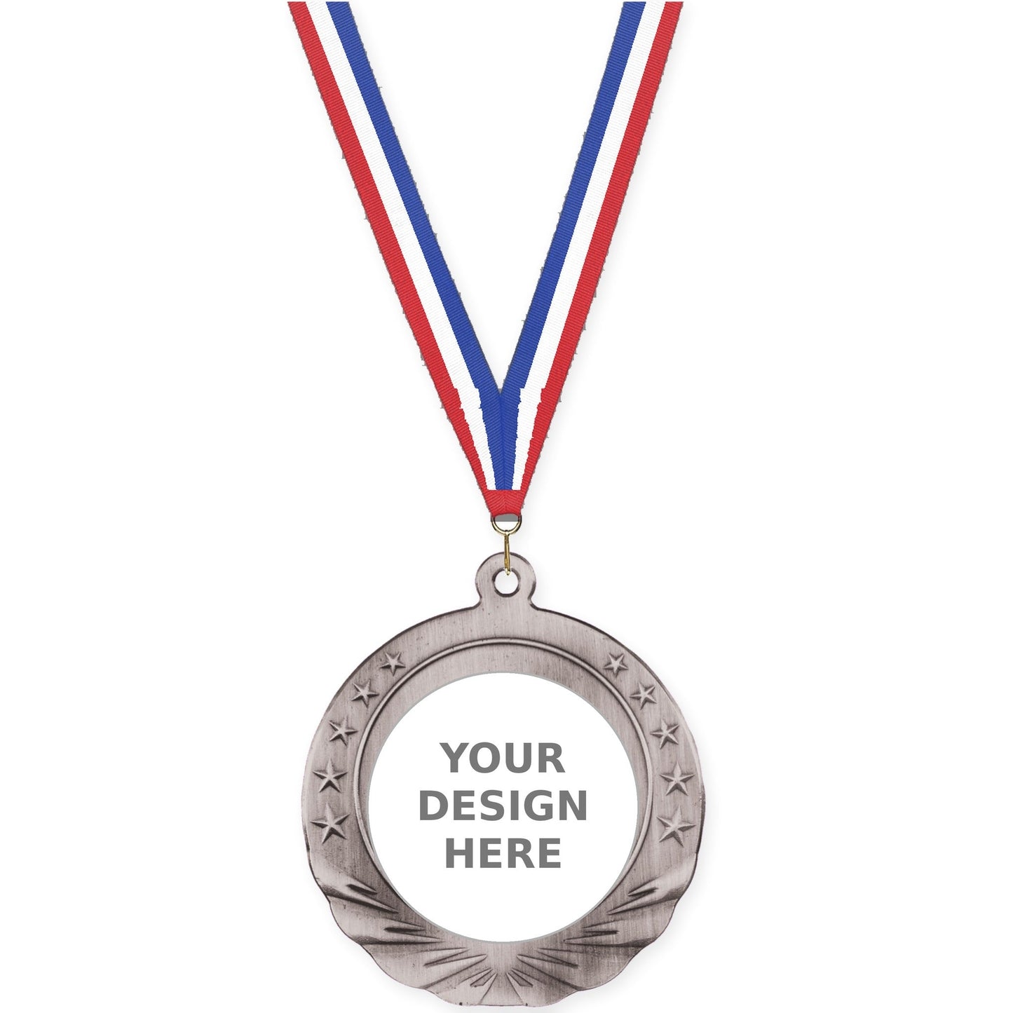 2 3/4 inch Starfield insert medal in antique silver with Red White Blue neck ribbon
