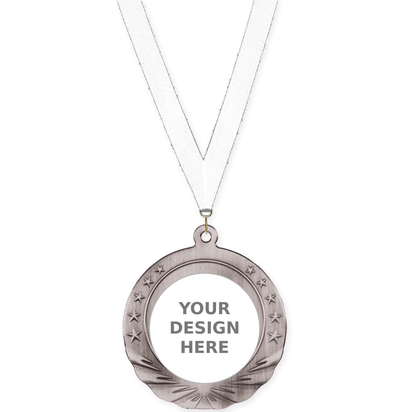 2 3/4 inch Starfield insert medal in antique silver with White neck ribbon