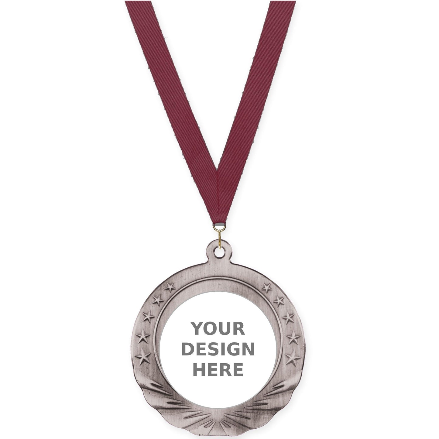 2 3/4 inch Starfield insert medal in antique silver with Maroon neck ribbon