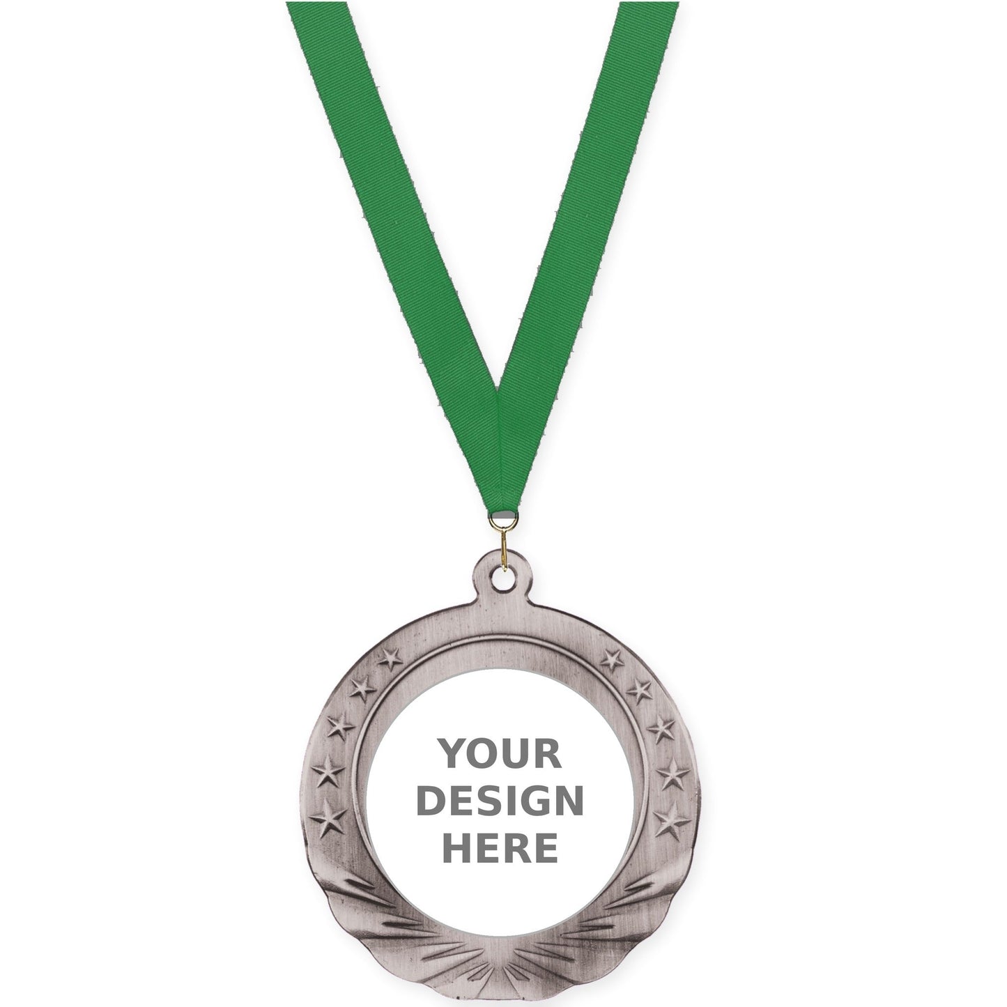 2 3/4 inch Starfield insert medal in antique silver with Green neck ribbon