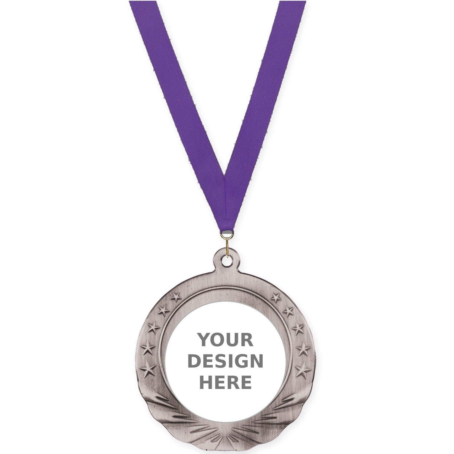 2 3/4 inch Starfield insert medal in antique silver with Purple neck ribbon