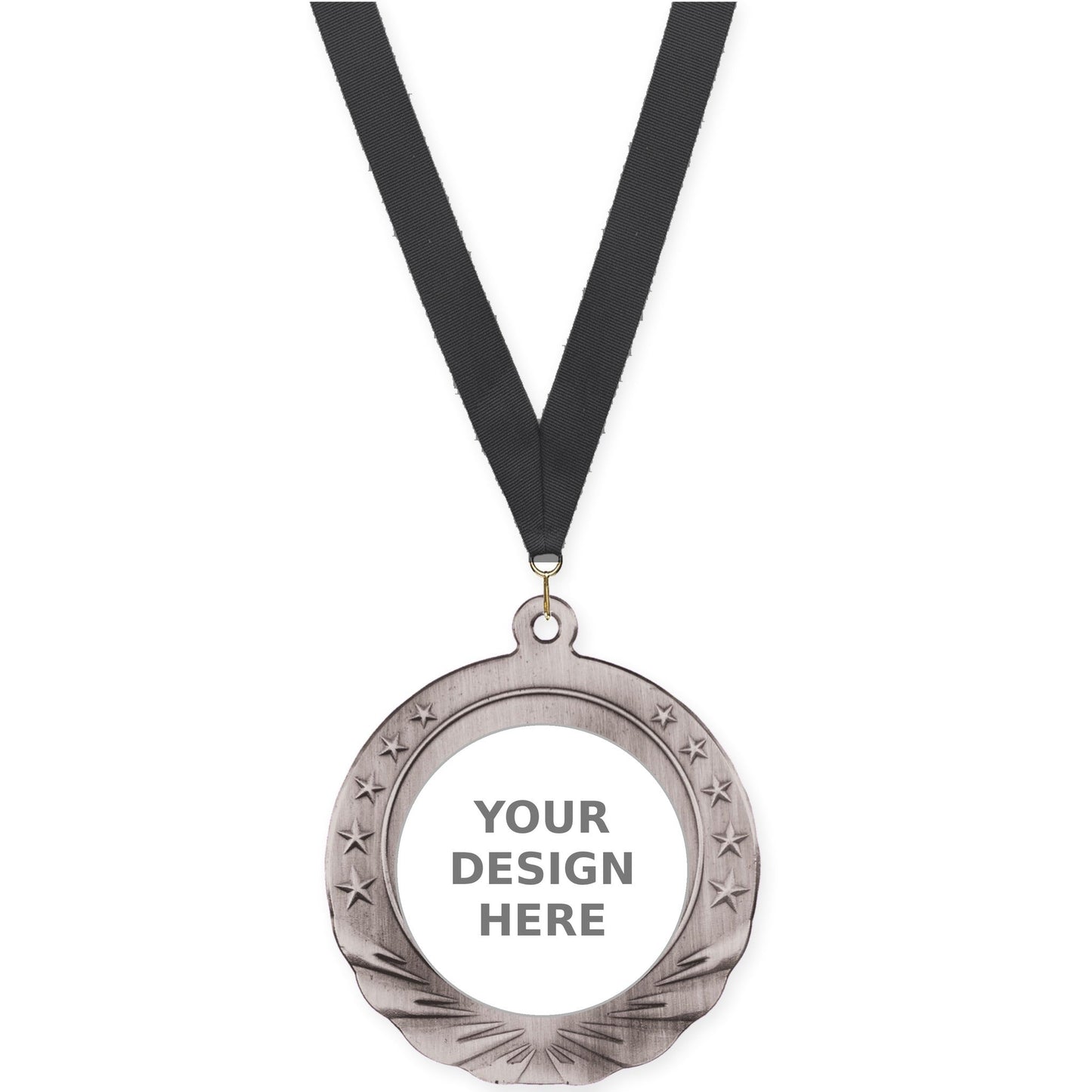 2 3/4 inch Starfield insert medal in antique silver with Black neck ribbon