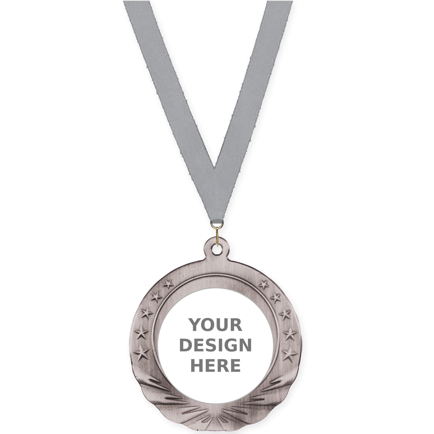 2 3/4 inch Starfield insert medal in antique silver with Gray neck ribbon
