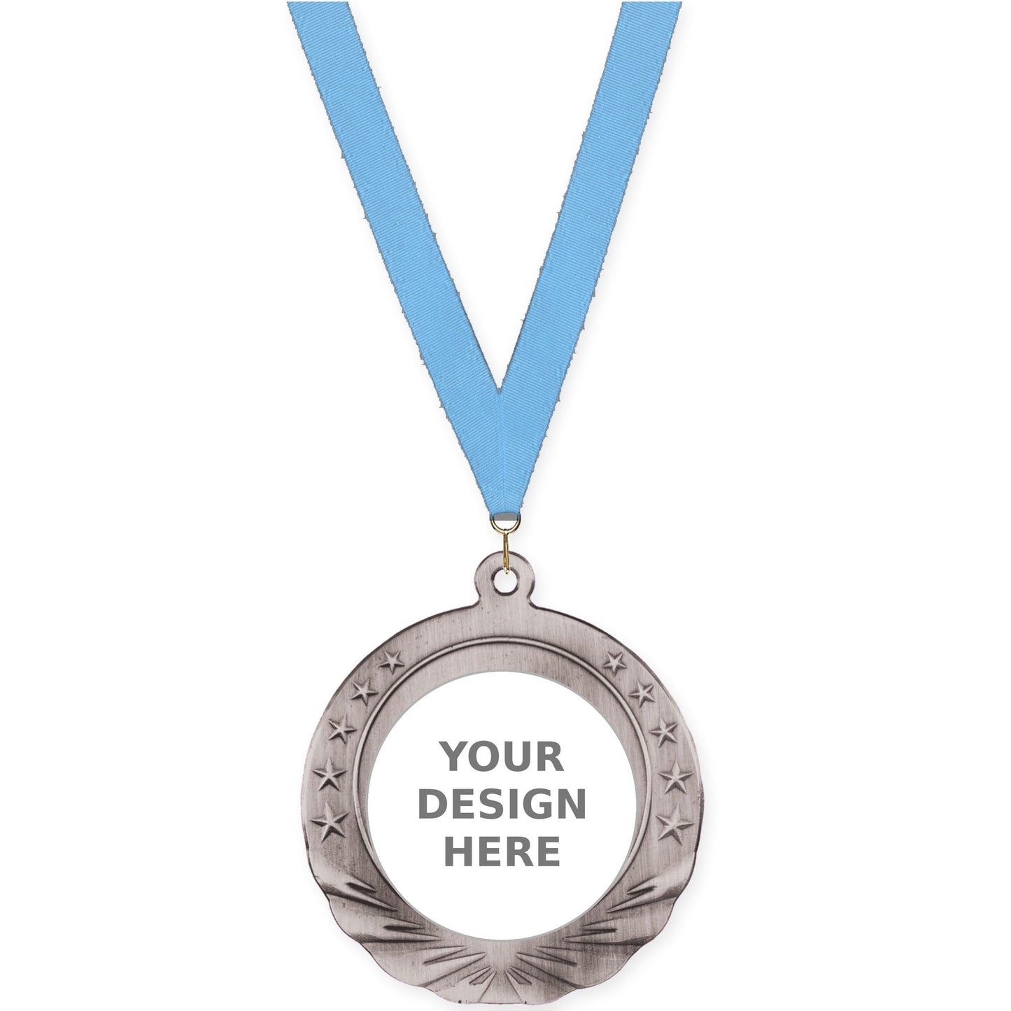 2 3/4 inch Starfield insert medal in antique silver with Light Blue neck ribbon