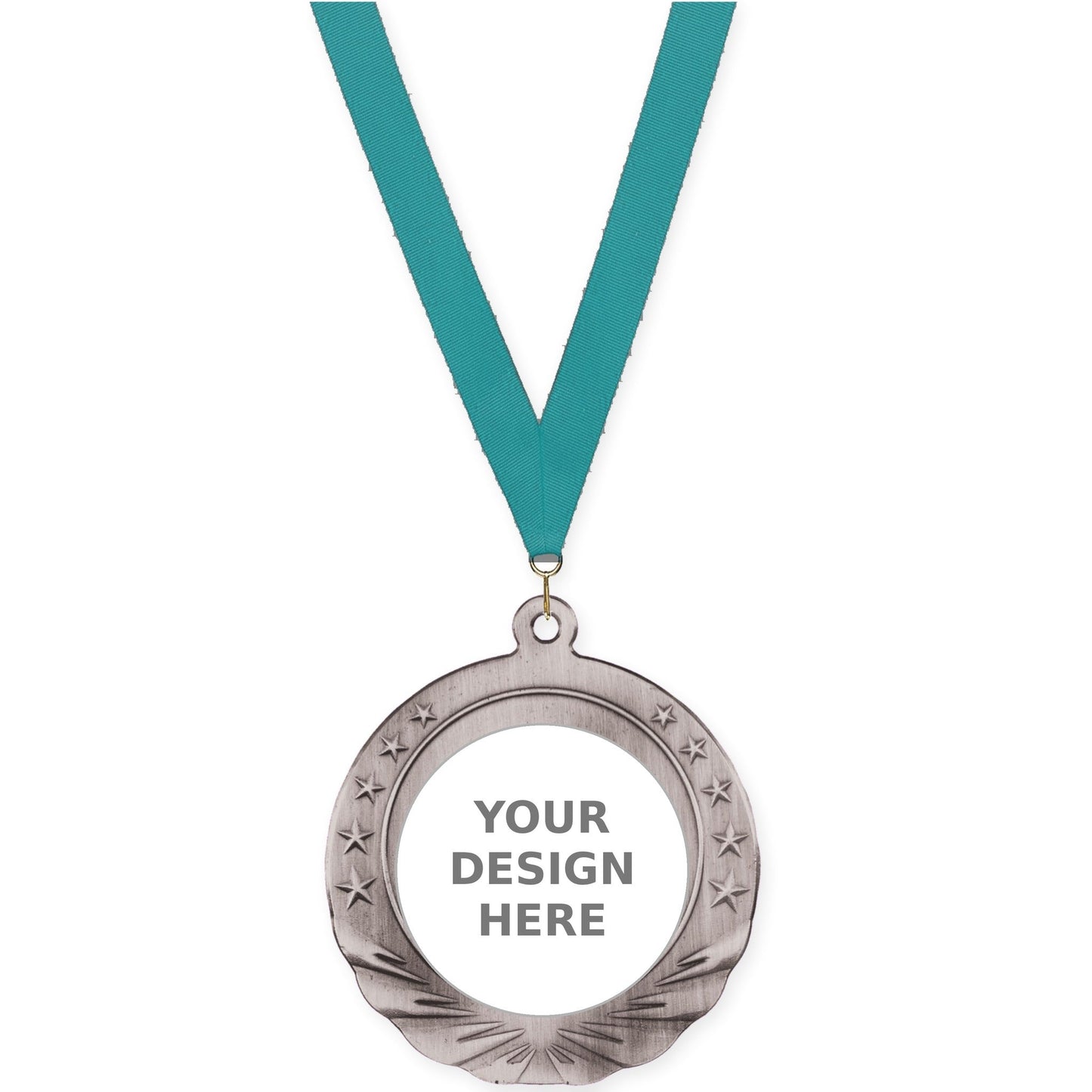 2 3/4 inch Starfield insert medal in antique silver with Teal neck ribbon