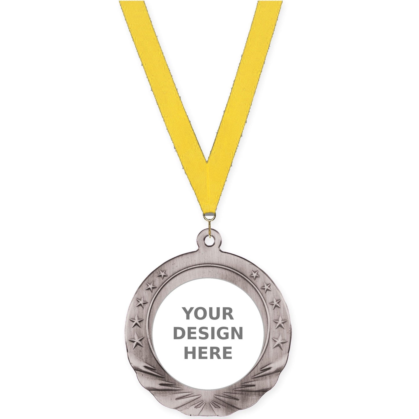 2 3/4 inch Starfield insert medal in antique silver with Yellow neck ribbon