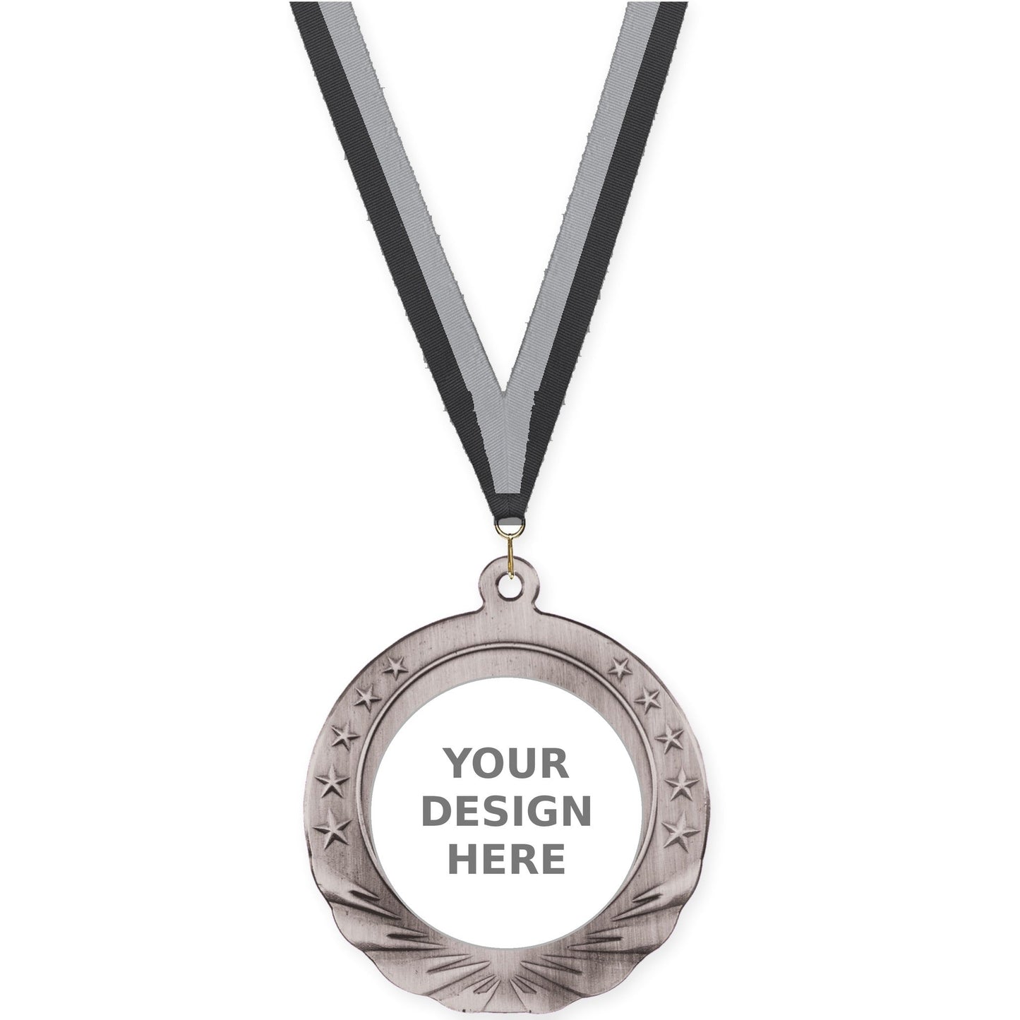 2 3/4 inch Starfield insert medal in antique silver with Black Gray neck ribbon