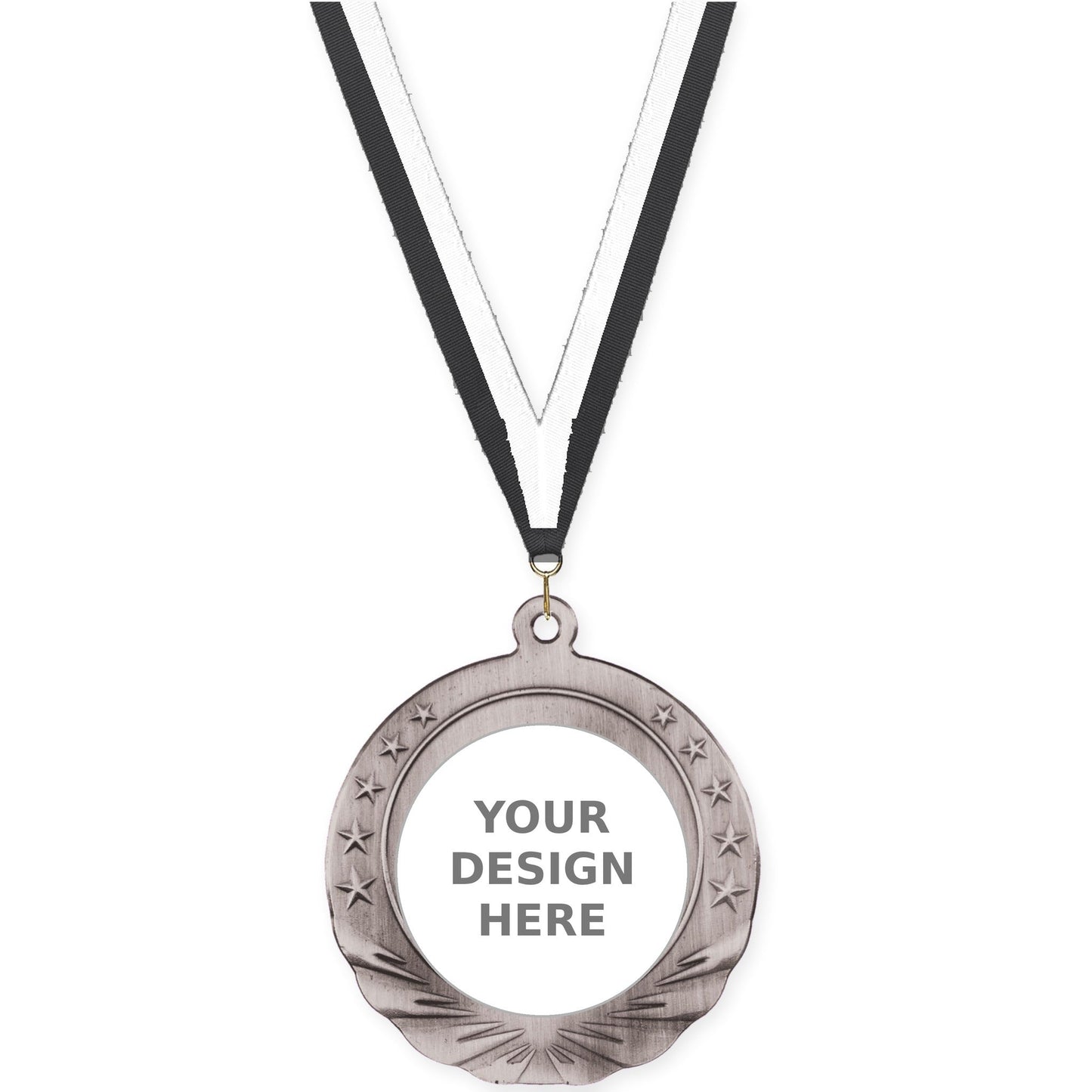 2 3/4 inch Starfield insert medal in antique silver with Black White neck ribbon